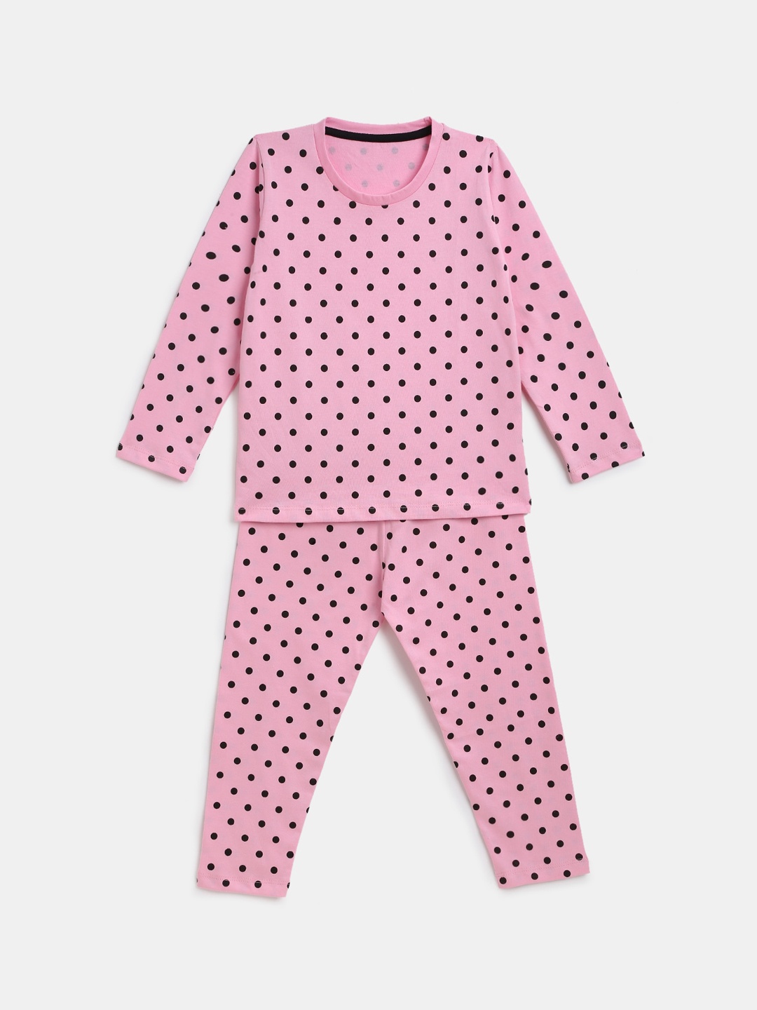 

YK Girls Pink & Black All Over Polka Dot Printed Night Suit