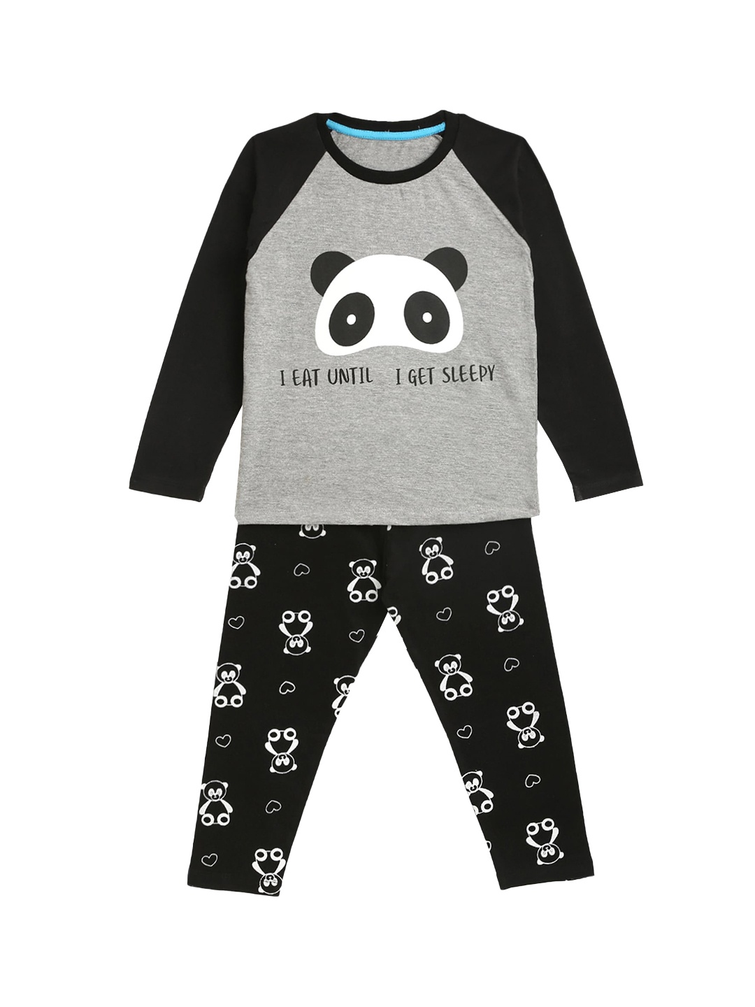 

YK Black & Grey Panda and Teddy Bear Graphic Printed Raglan Night suit Set