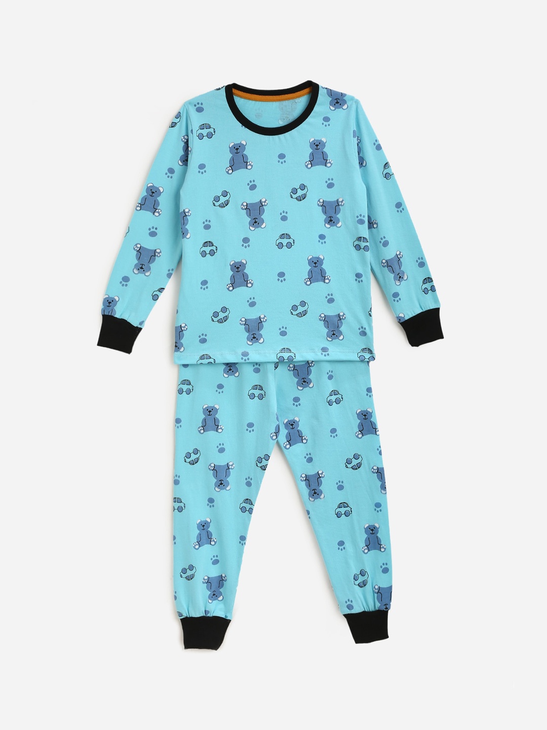 

YK Boys Black & White All Over Teddy Bear and Car Printed Night Suit Set, Blue