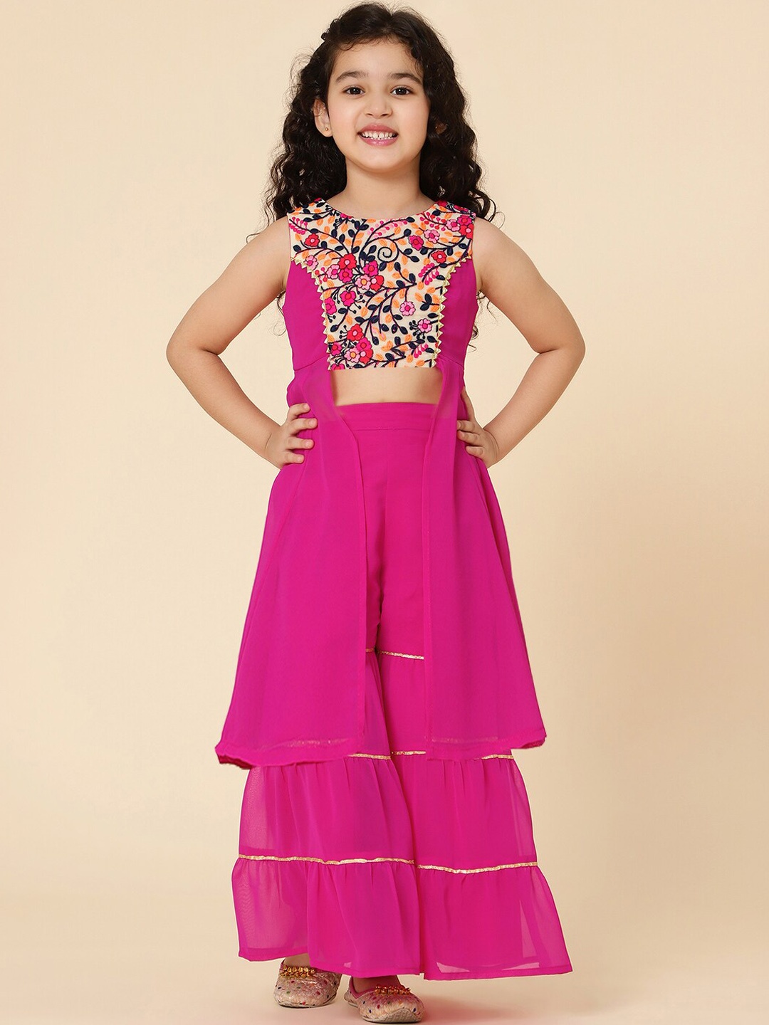 

A T U N Girls Fuchsia Embroidered High Slit Kurta with Sharara