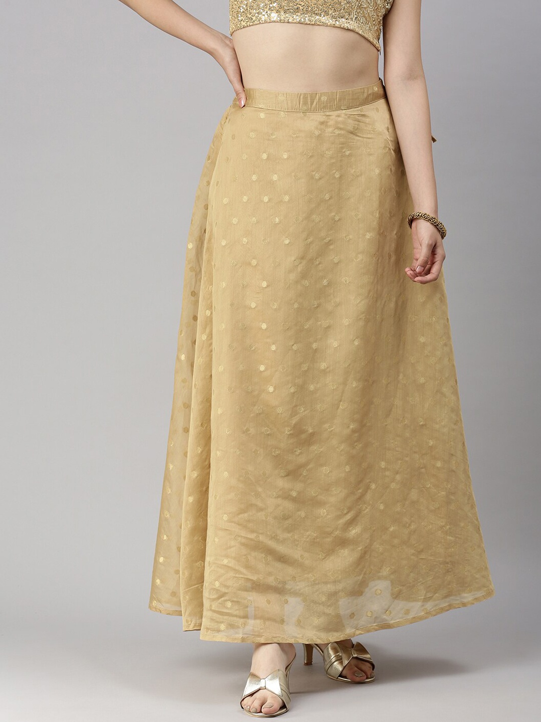 

De Moza Women Golden Printed Flared Maxi Skirt, Gold