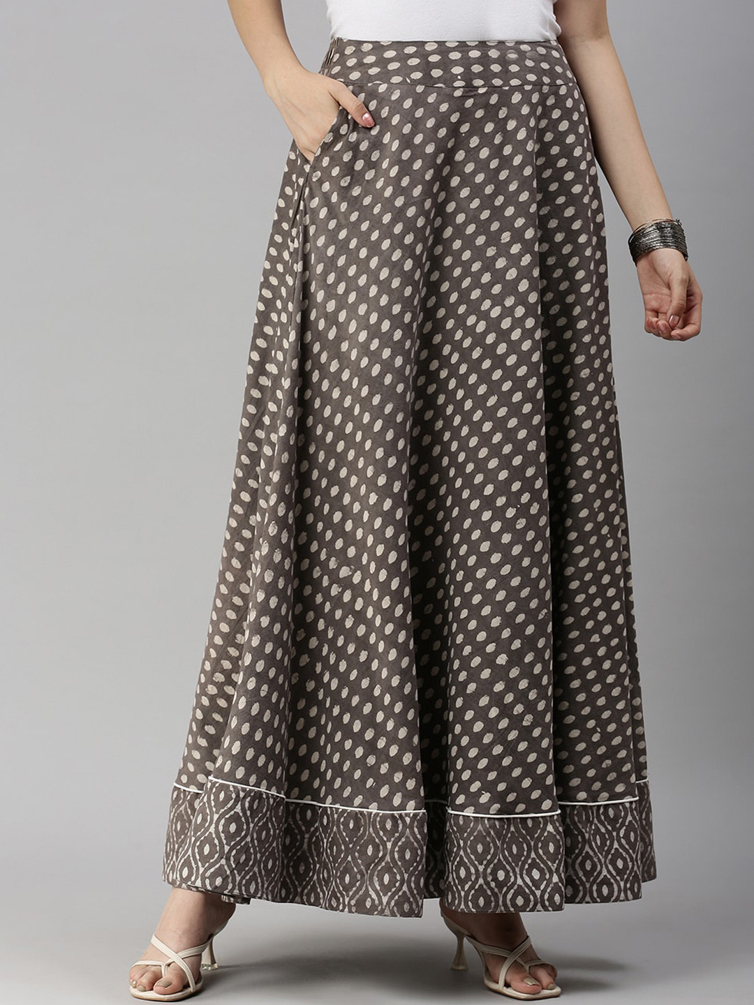 

De Moza Women Grey Printed Cotton Flared Maxi Skirt