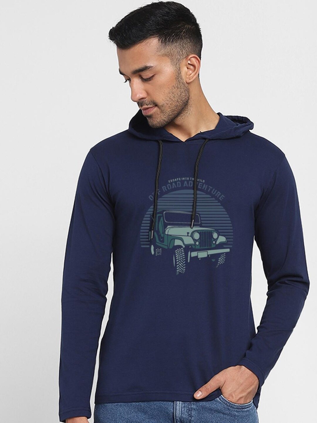 

Bewakoof Men's Blue Off Road Cotton Graphic Printed Hoodie T-shirt