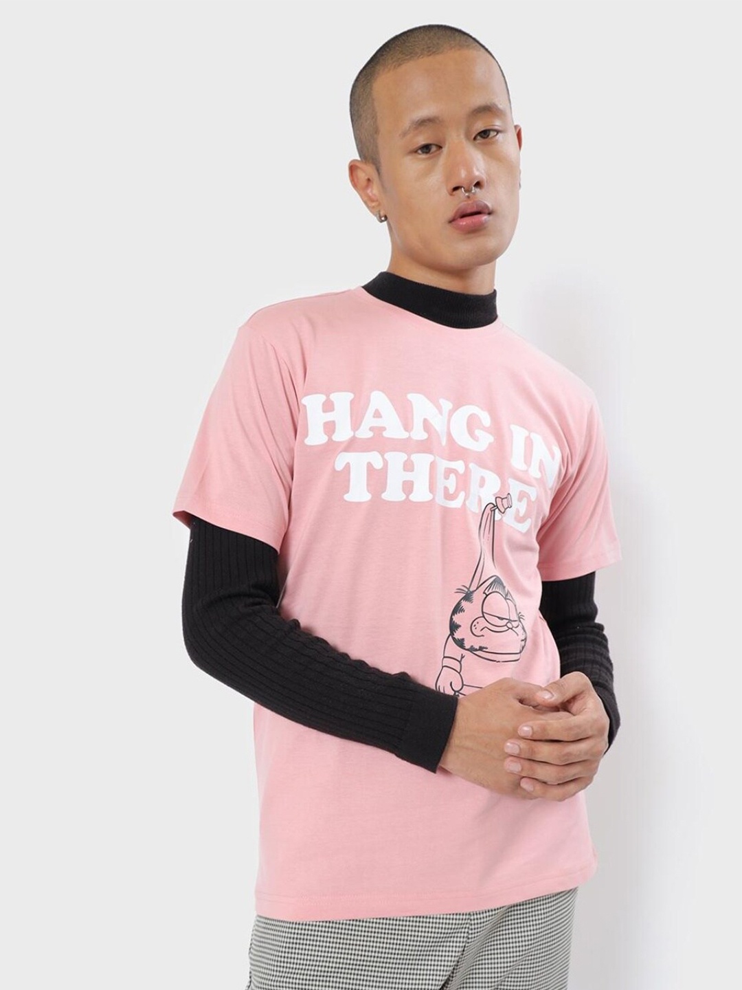 

Bewakoof Men's Cheeky Pink Hang In There Typography Print T-shirt