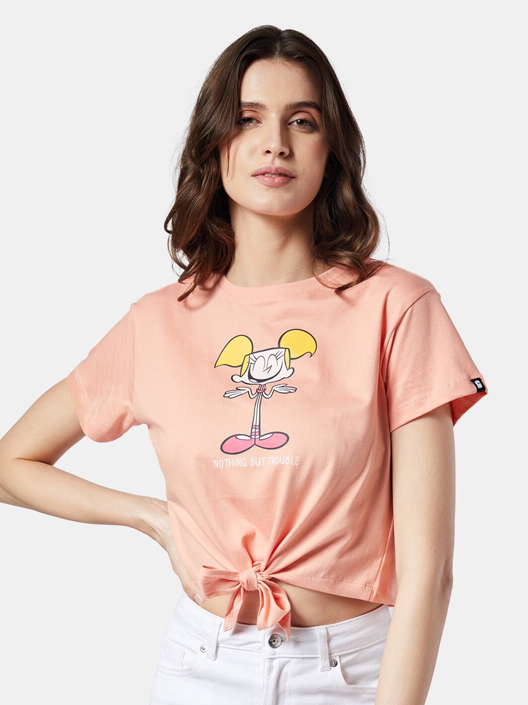 

The Souled Store Women Coral Printed Extended Sleeves Raw Edge T-shirt