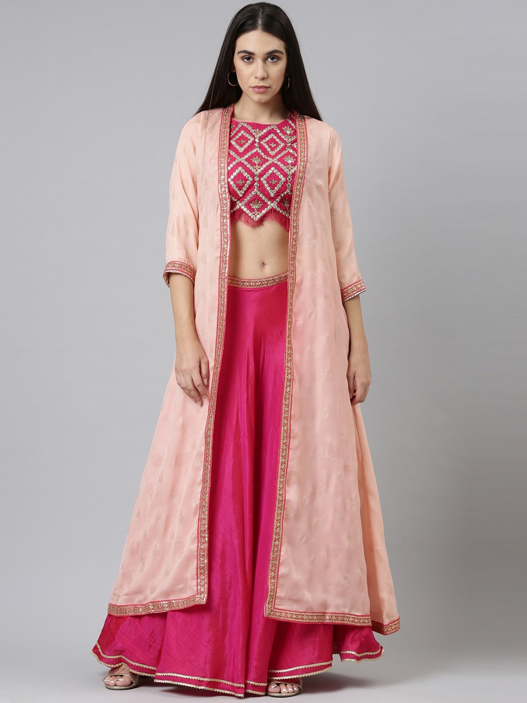 

Neerus Women Pink & Gold-Toned Embellished Top with Skirt