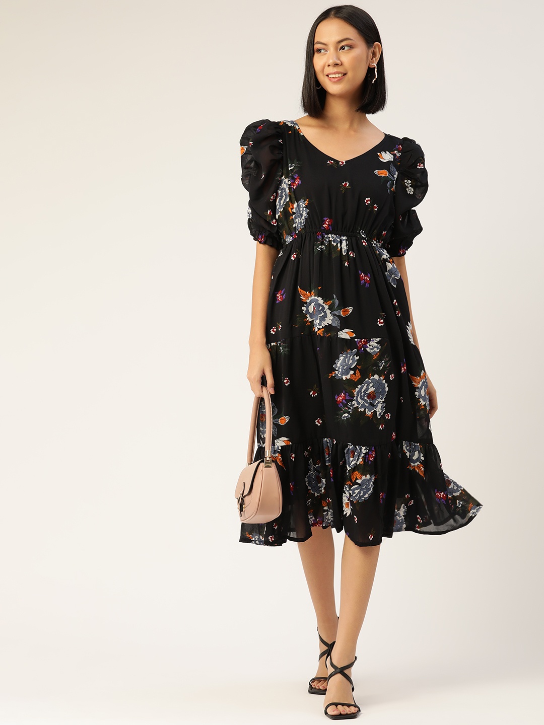 

WISSTLER Black Floral Georgette A-Line Midi Dress