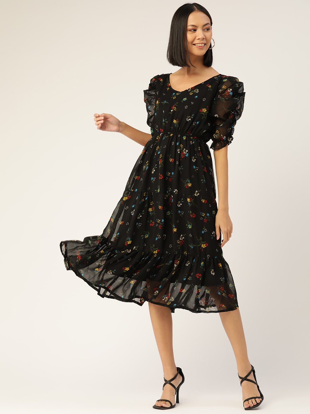 

WISSTLER Black & Yellow Floral Georgette Midi Dress