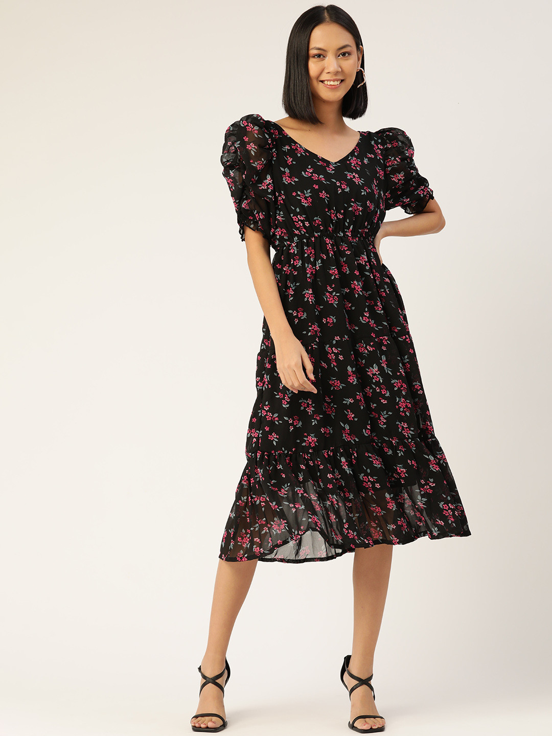 

WISSTLER Black & Pink Floral Georgette Midi Dress