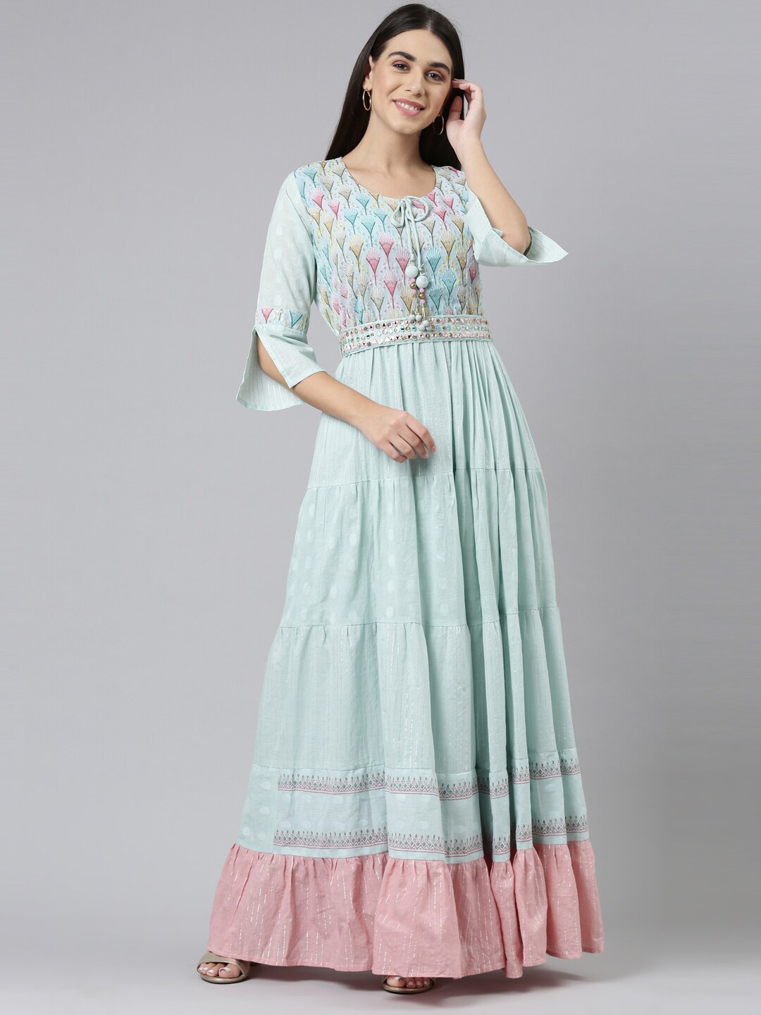 

Neerus Women Turquoise Blue Floral Georgette Ethnic Maxi Dress