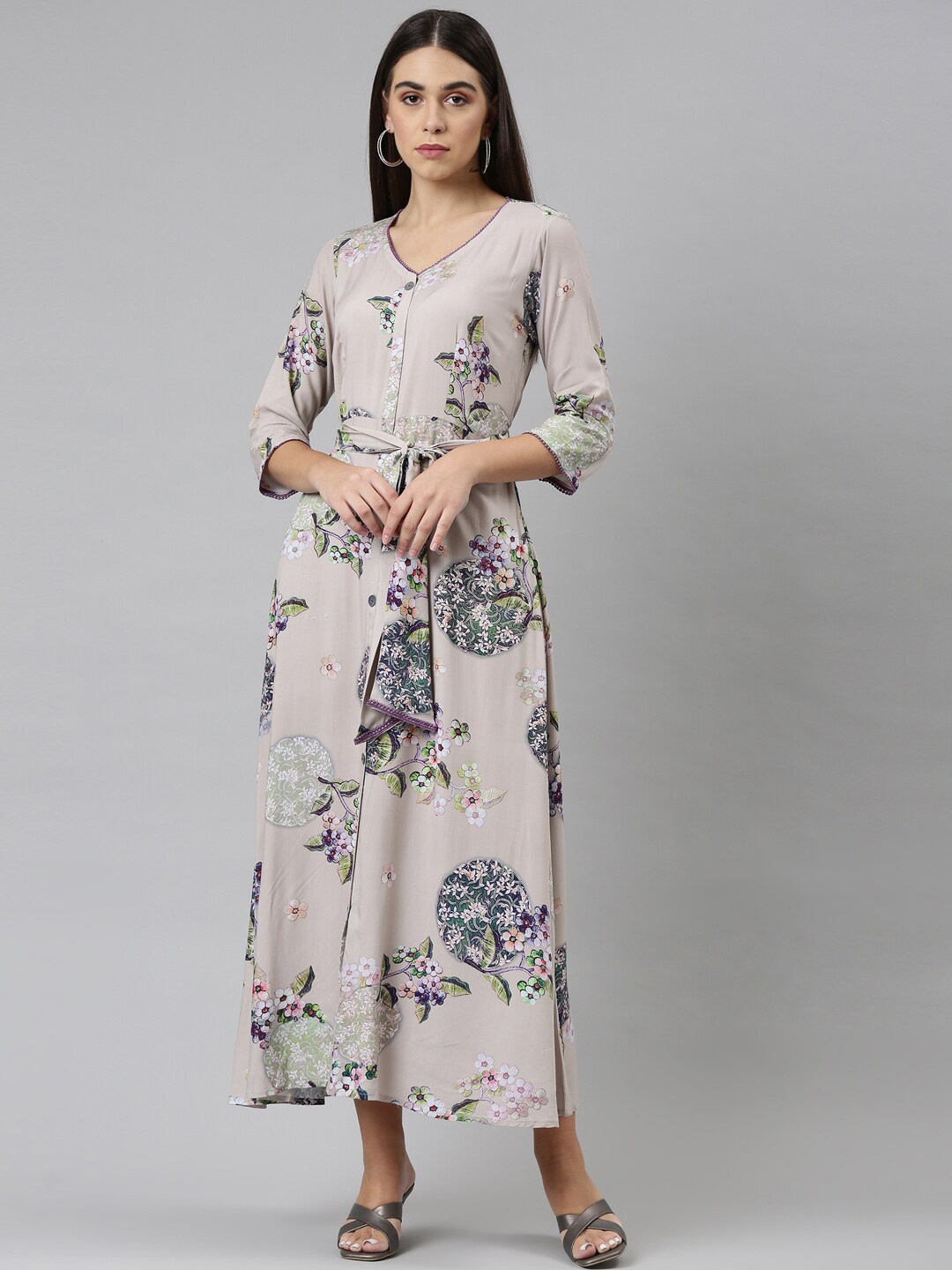 

Neerus Women Grey Floral Ethnic Maxi Dress