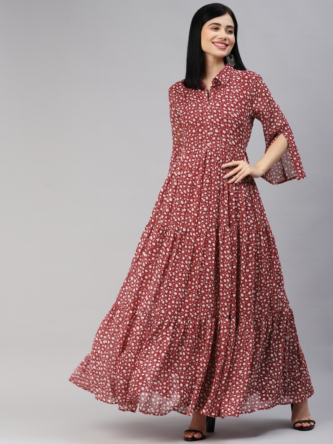 

MBE Women Red & Off White Floral Printed Anarkali Kurta