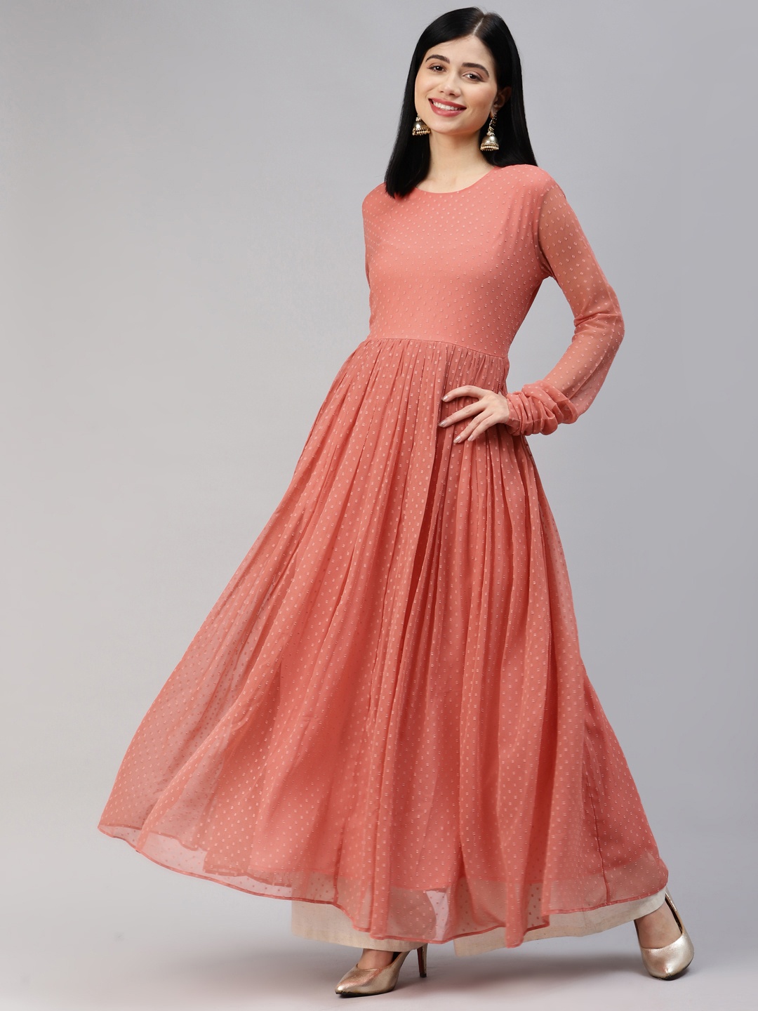 

MBE Women Pink Dobby Weave Anarkali Kurta