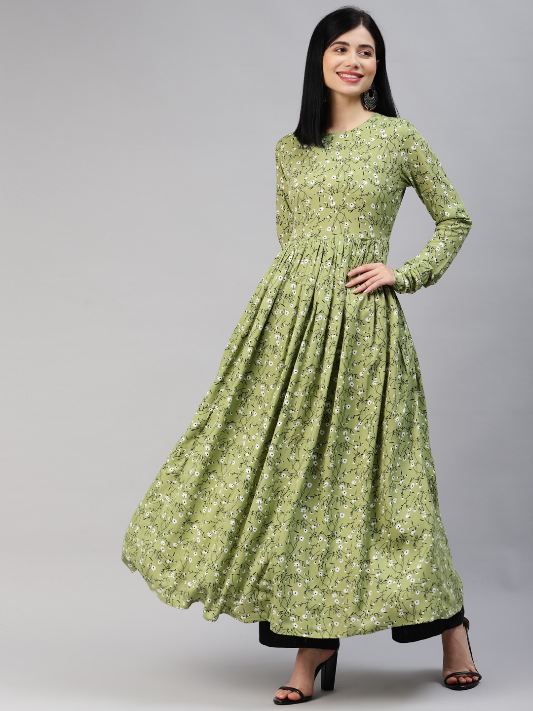 

MBE Women Green & Off White Floral Printed Anarkali Kurta