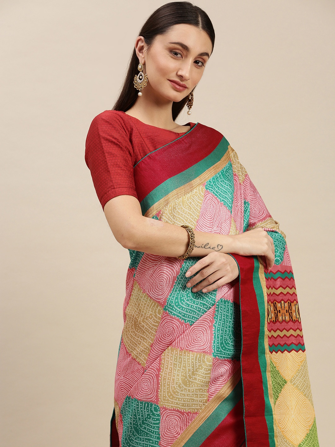 

RACHNA Women Pink & Green Bandhani Saree