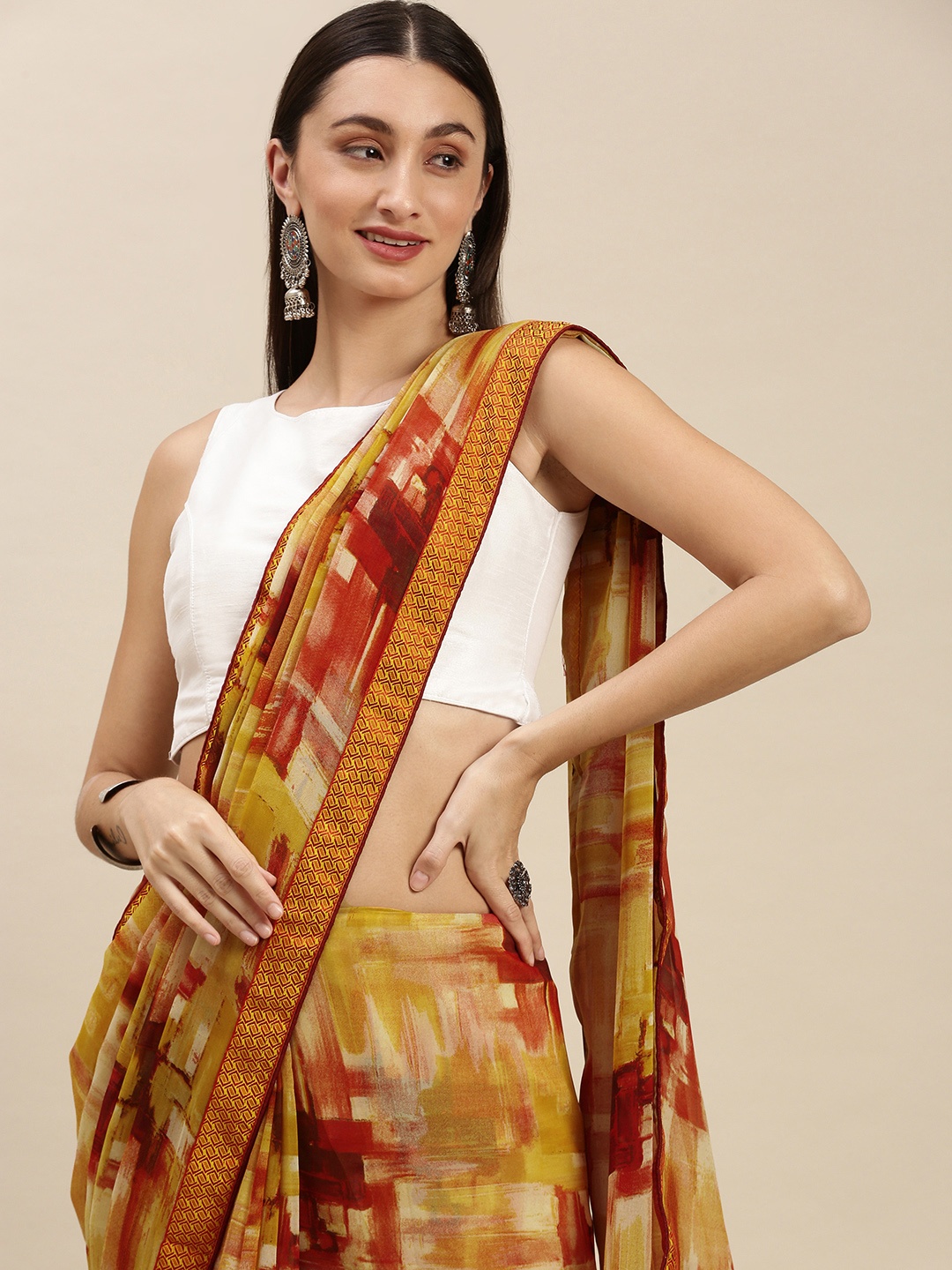 

RACHNA Orange & Yellow Printed Saree with Blouse
