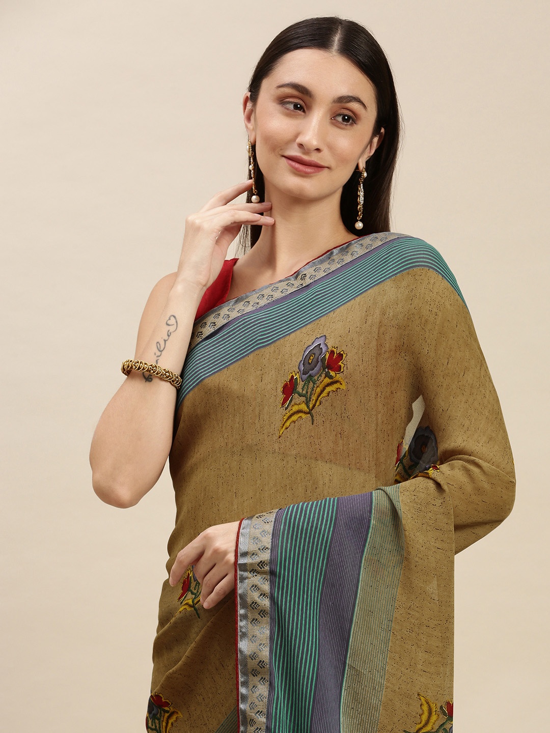 

RACHNA Olive Brown & Blue Floral Printed Saree with Blouse