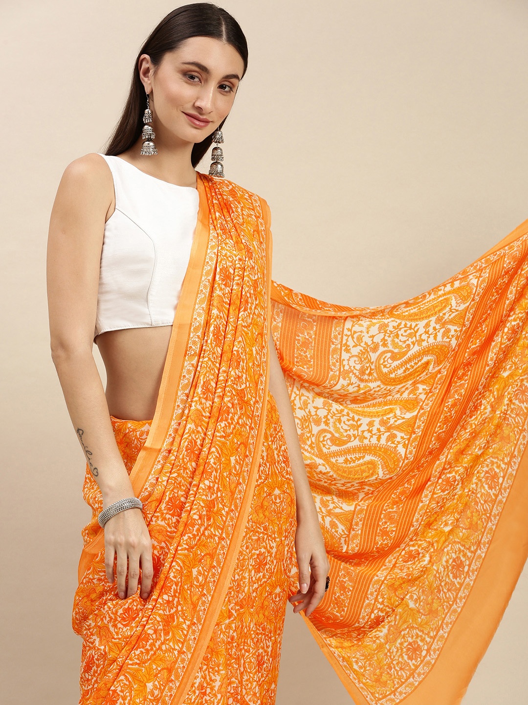 

RACHNA Orange Floral Printed Chiffon Saree with Blouse