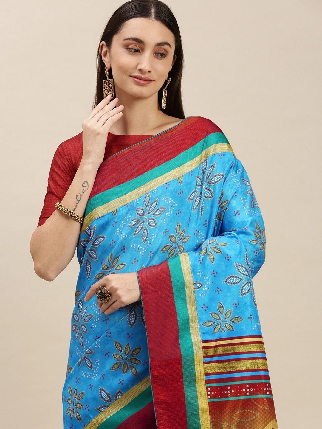 

RACHNA Blue & Red Ethnic Motifs Printed Manipuri Silk Saree with Blouse