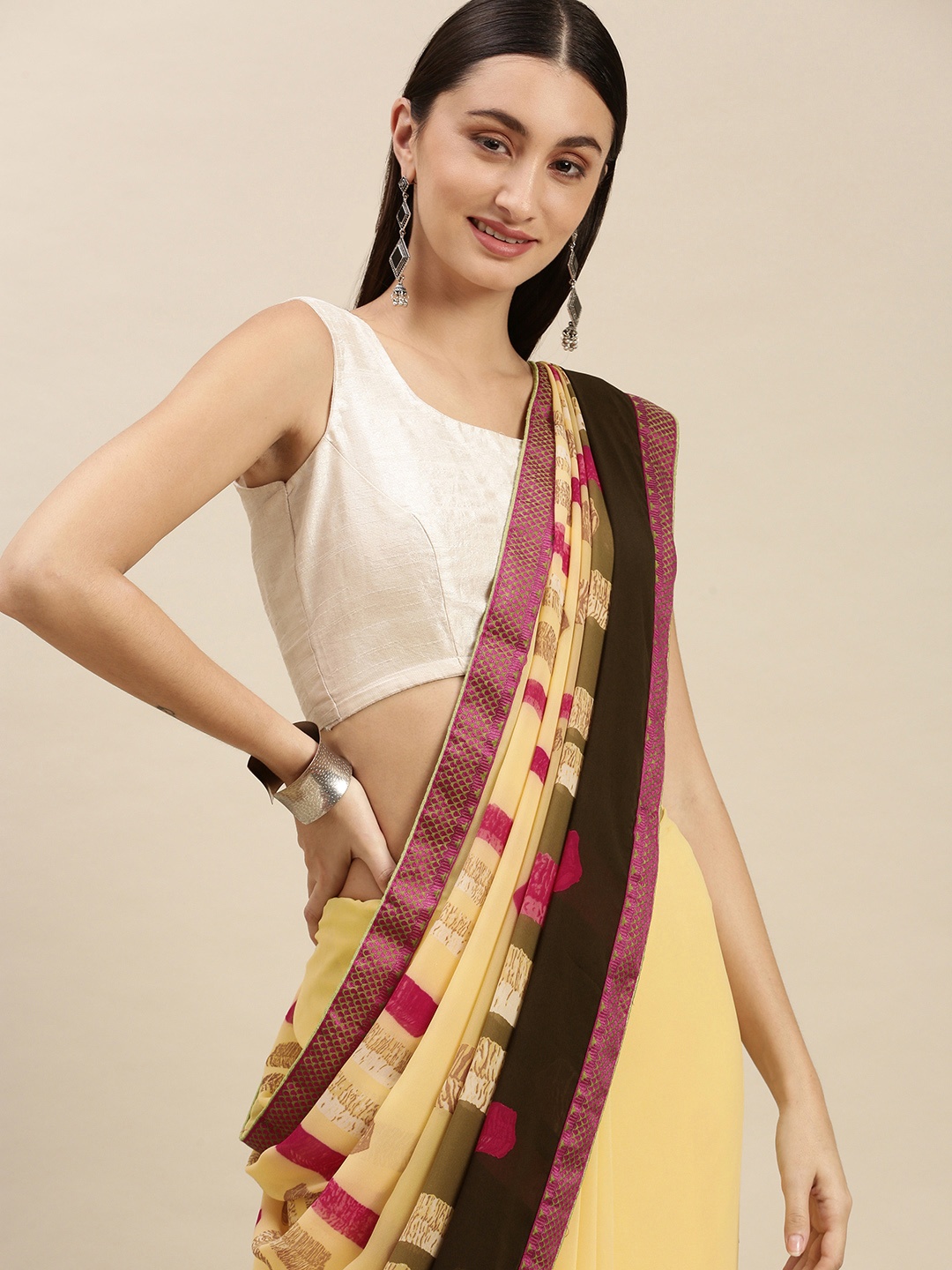 

RACHNA Yellow & Pink Printed Saree with Blouse