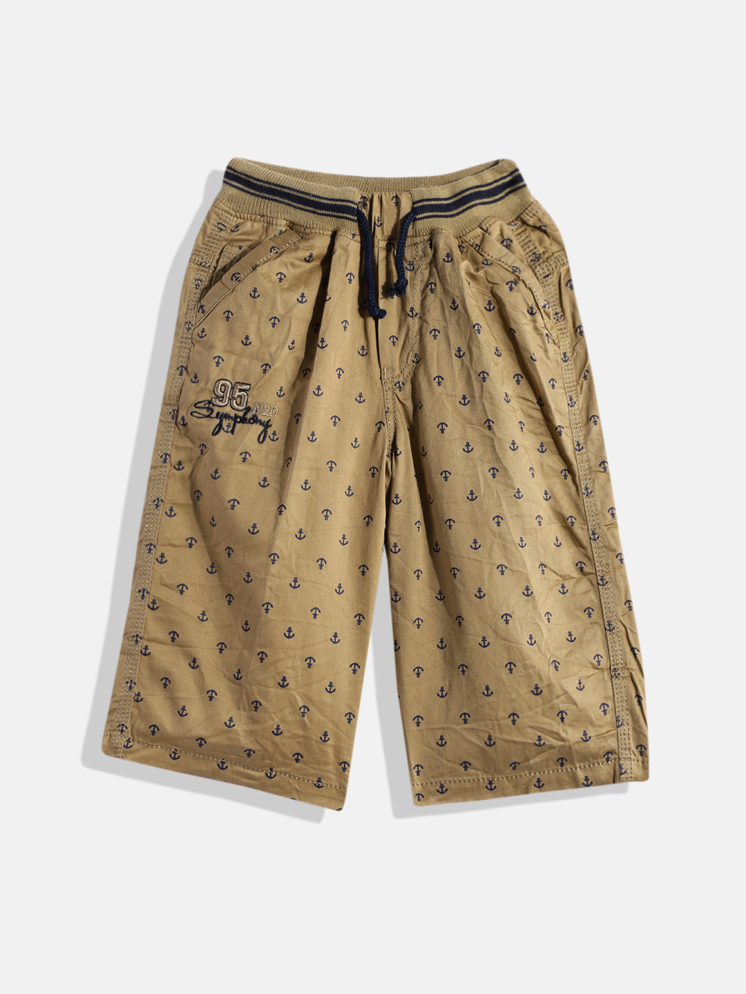 

ADBUCKS Boys Beige & Navy Blue Conversational Printed Cotton 3/4th Chino Shorts