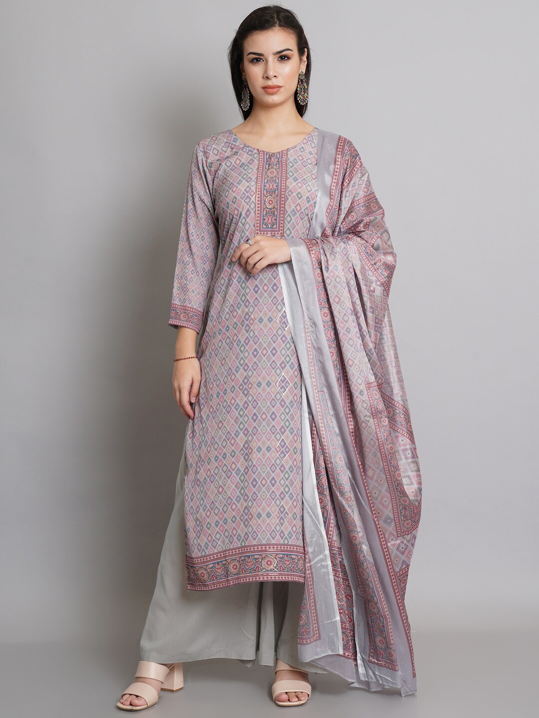 

Stylee LIFESTYLE Grey & Green Printed Silk Crepe Unstitched Dress Material