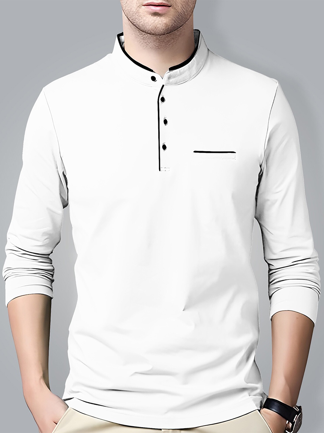 

AUSK Men White Mandarin Collar T-shirt