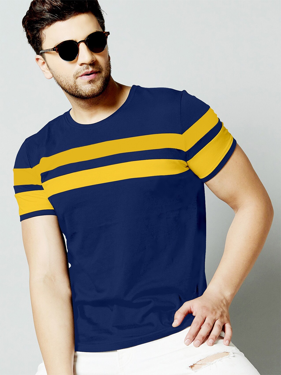 

AUSK Men Blue & Yellow Striped Cotton T-shirt