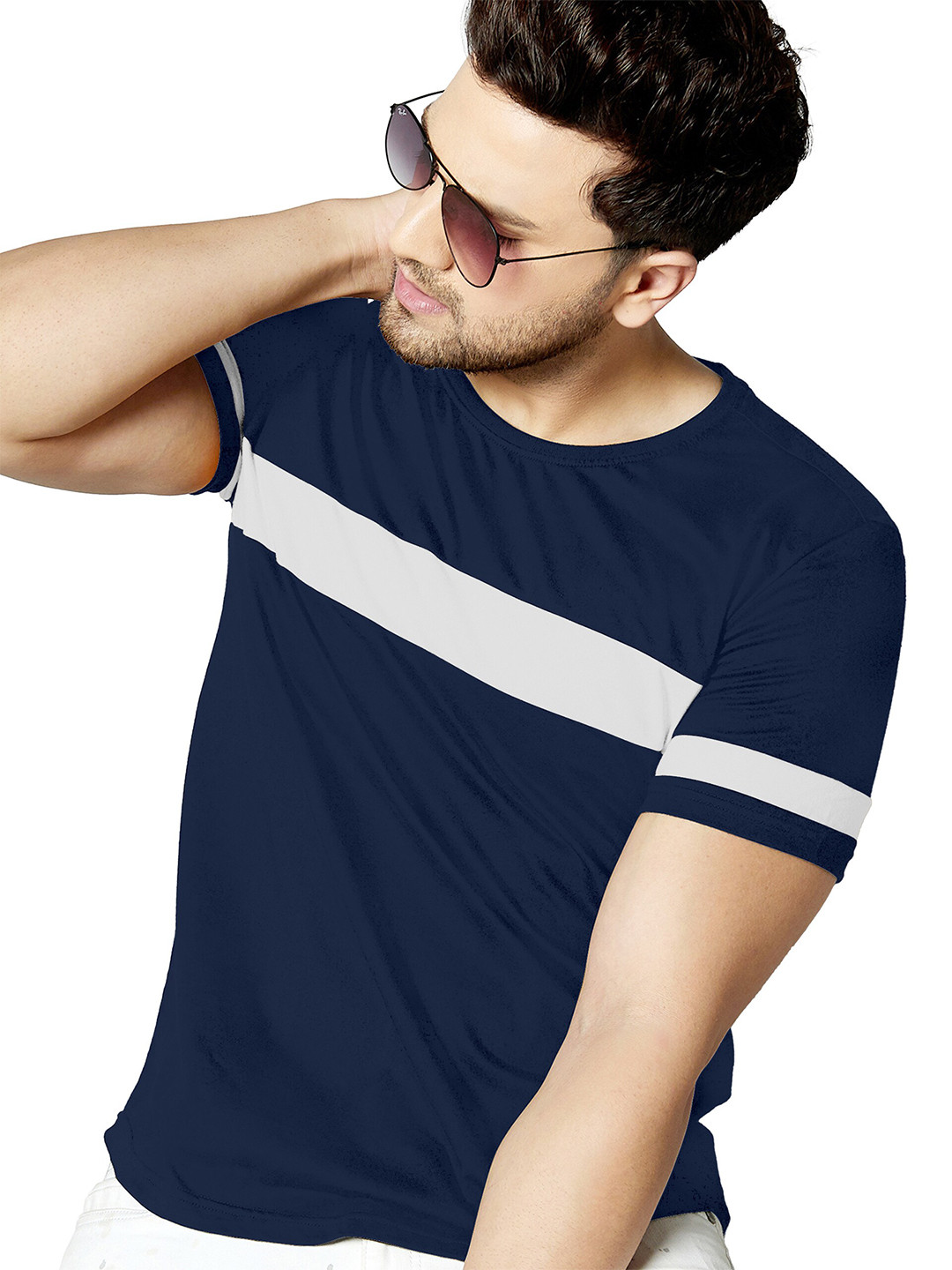

AUSK Men Blue & White Striped Round Neck Half Sleeve T-shirt