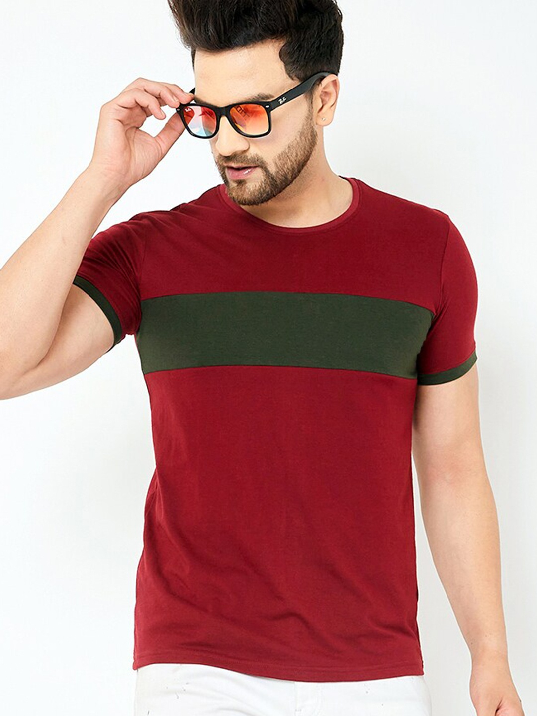 

AUSK Men Maroon & Grey Round Neck Half Sleeve T-shirt