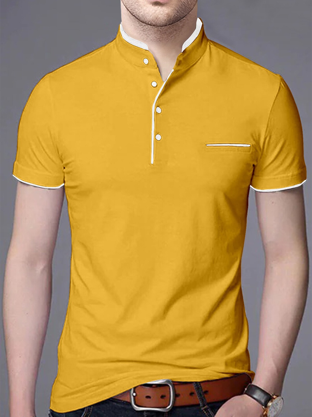 

AUSK Men Mustard Yellow Mandarin Collar T-shirt