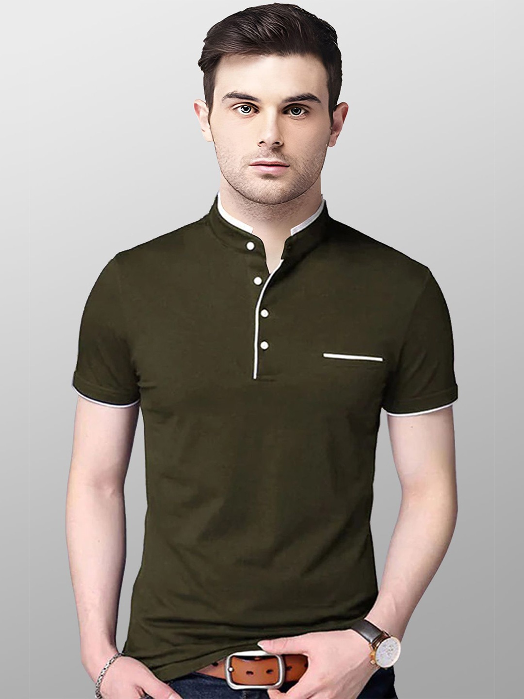 

AUSK Men Green Mandarin Collar T-shirt