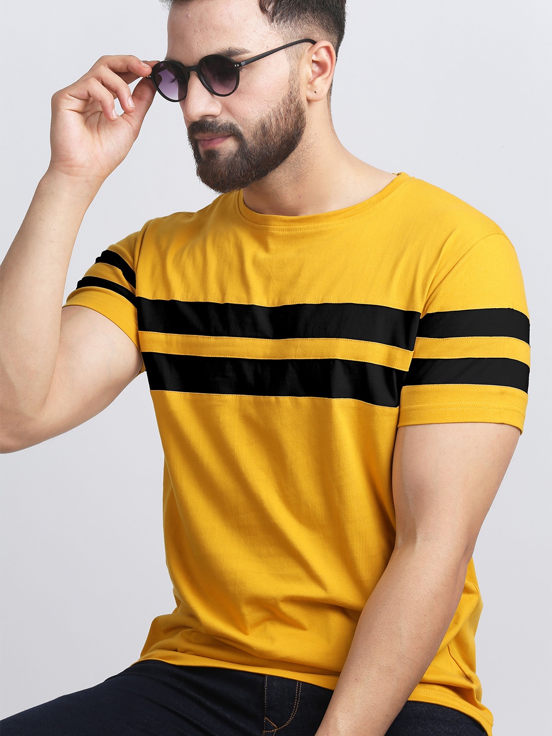 

AUSK Men Mustard Yellow Striped T-shirt with Mask