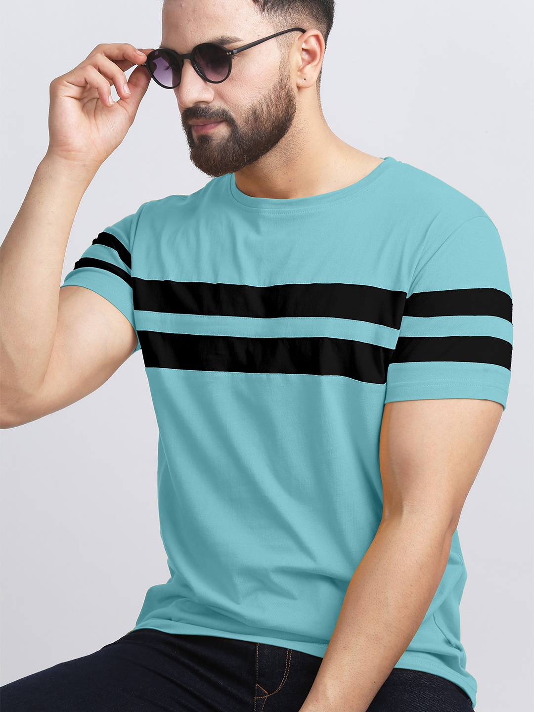 

AUSK Men Sea Green Striped T-shirt with Mask