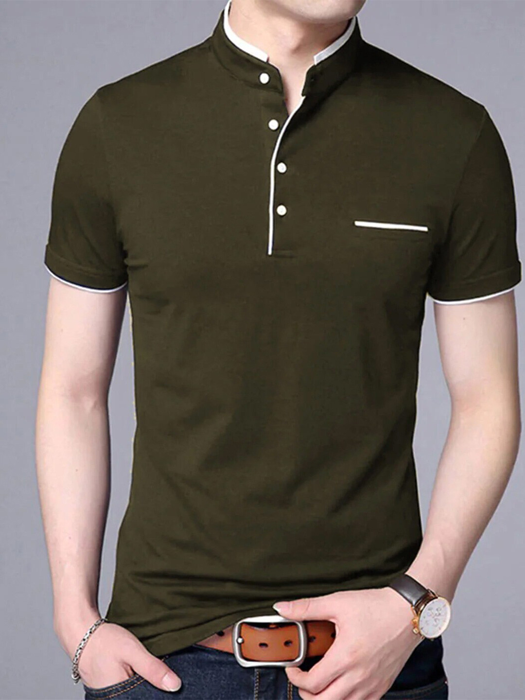 

AUSK Men Green Mandarin Collar T-shirt with Mask