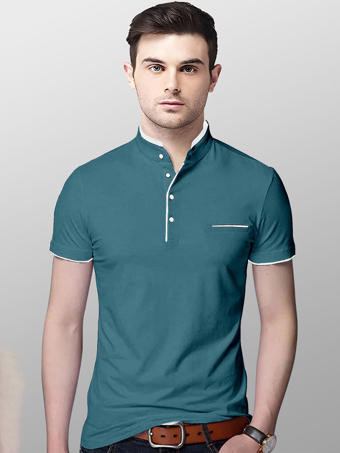 

AUSK Men Teal Mandarin Collar T-shirt