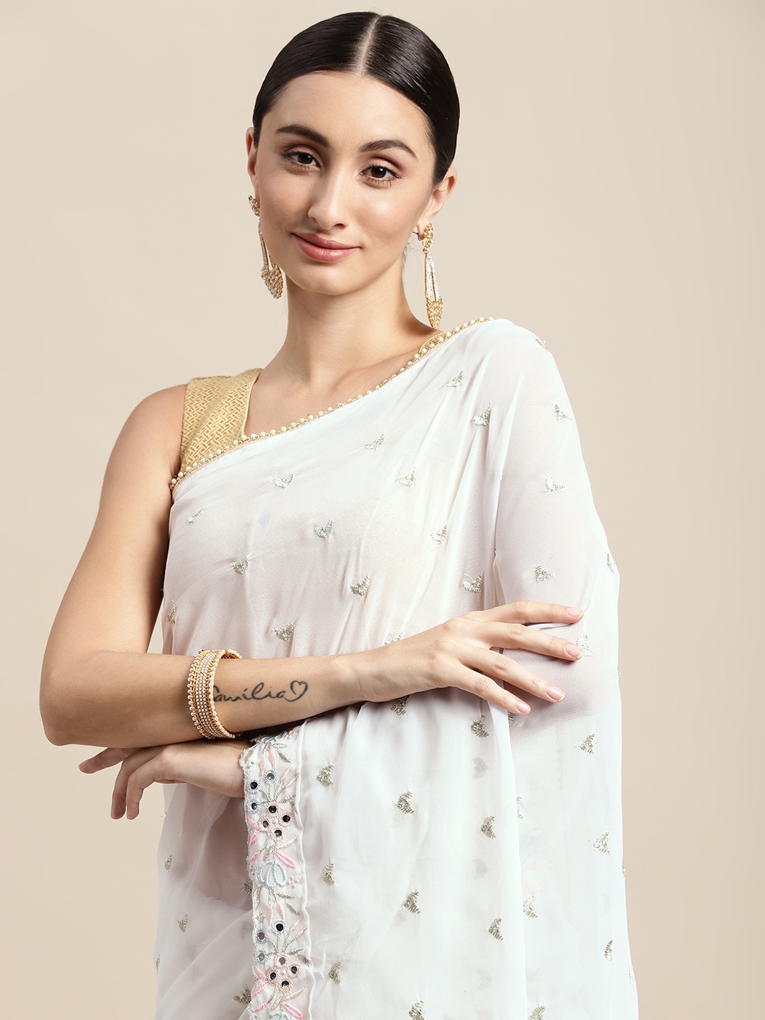 Mitera White & Pink Floral Mirror Work Ruffle Saree