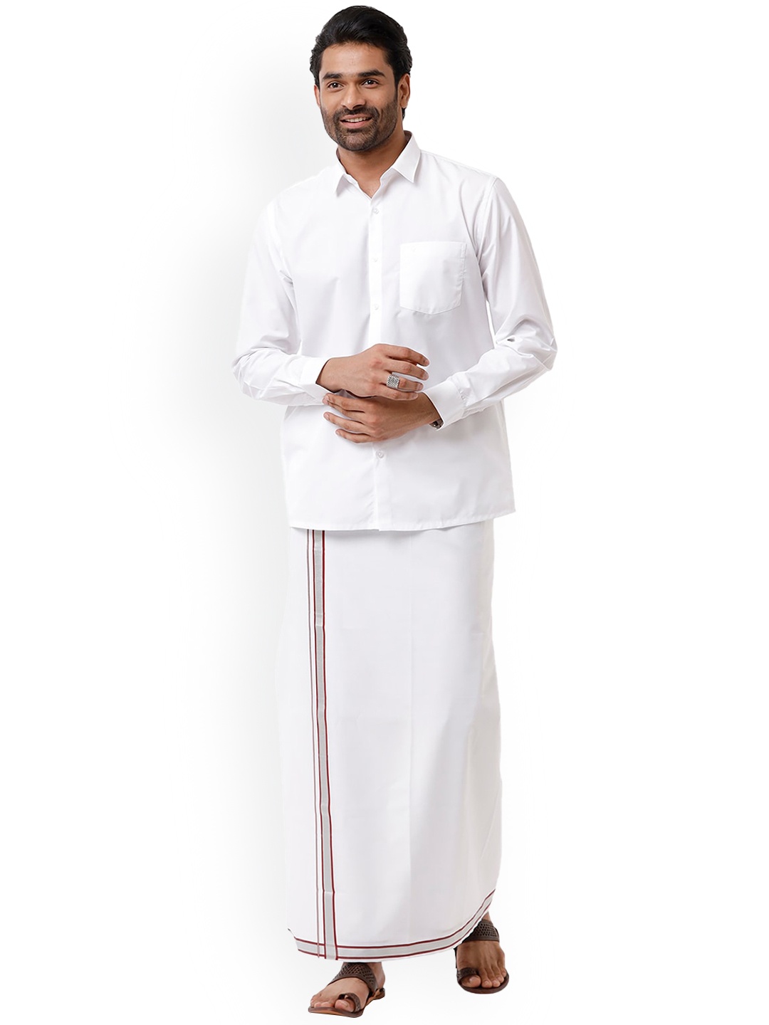 

Ramraj Men White Polyester Shirt with cotton Dhoti Set
