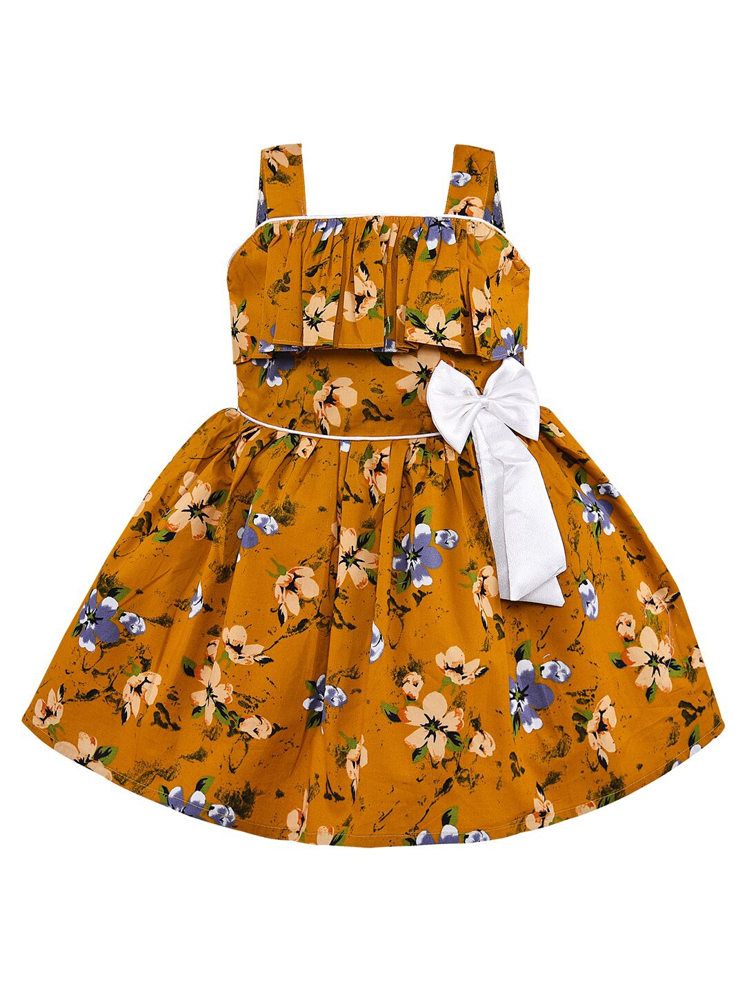 

Wish Karo Girls Mustard Yellow Floral Printed Cotton Frock Dress