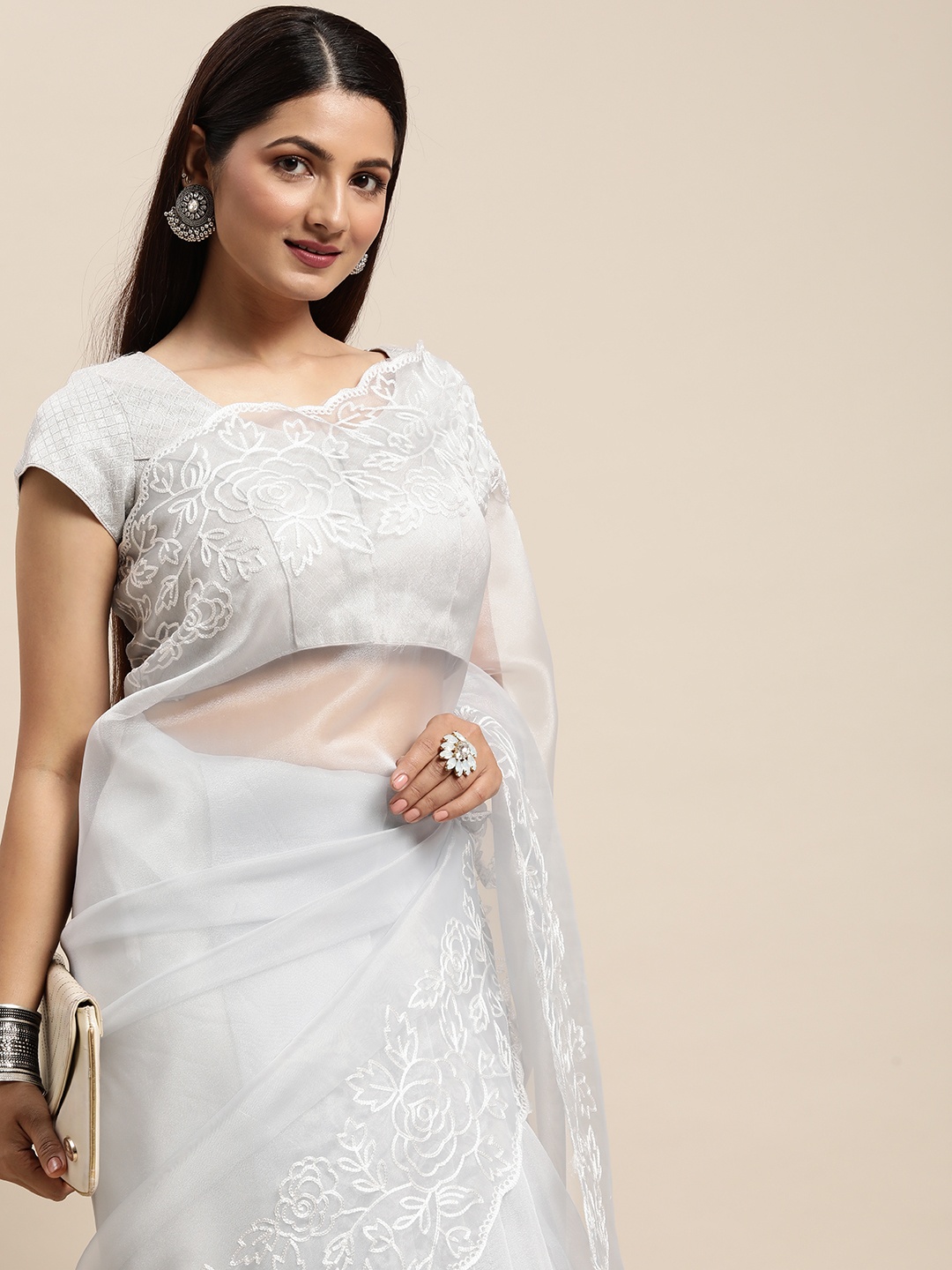 

Mitera Grey & White Floral Embroidered Organza Saree