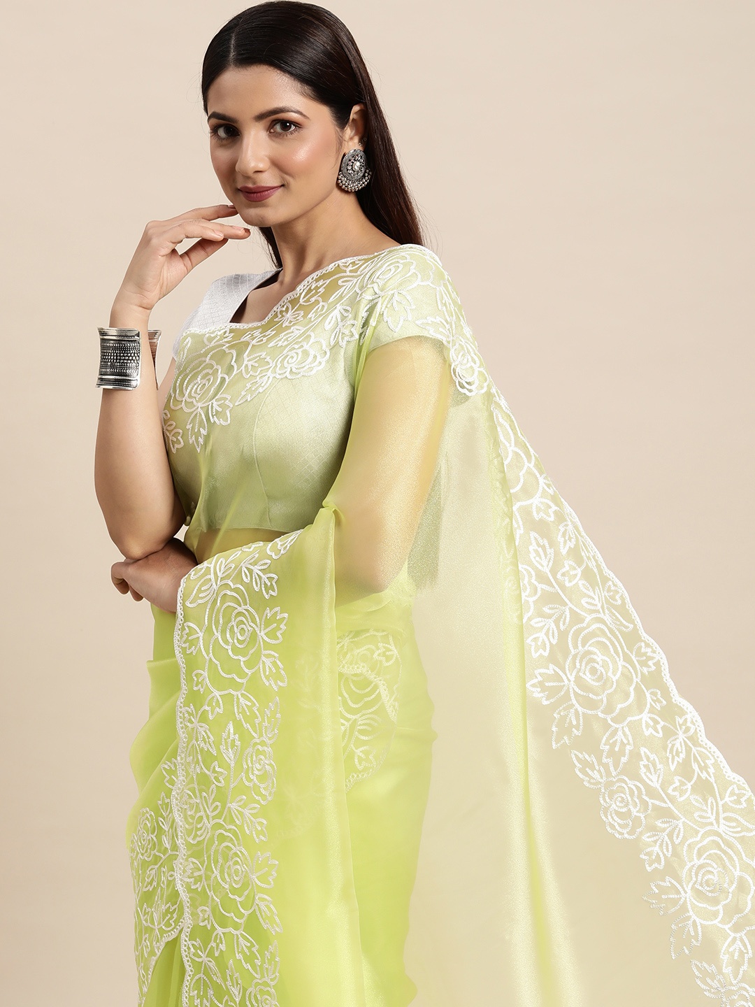 

Mitera Neon Green & White Floral Embroidered Organza Saree