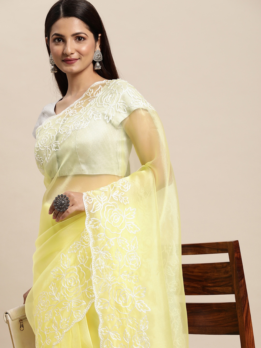 

Mitera Yellow & White Floral Embroidered Organza Saree