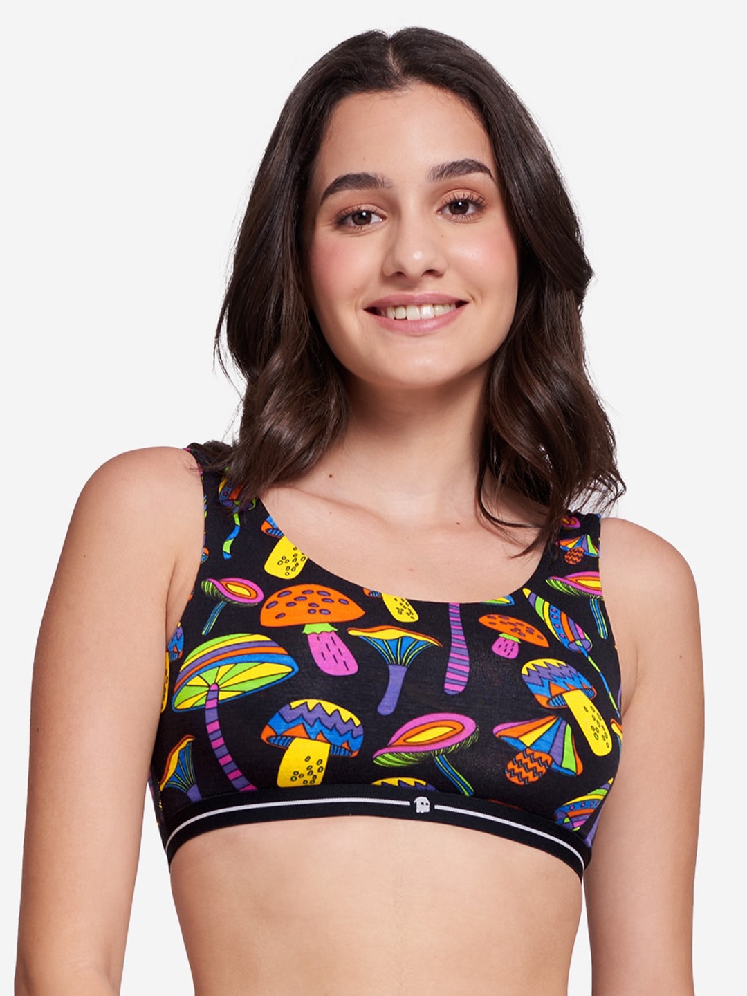 

The Souled Store Black & Yellow Mushrooms Printed Sports Bra
