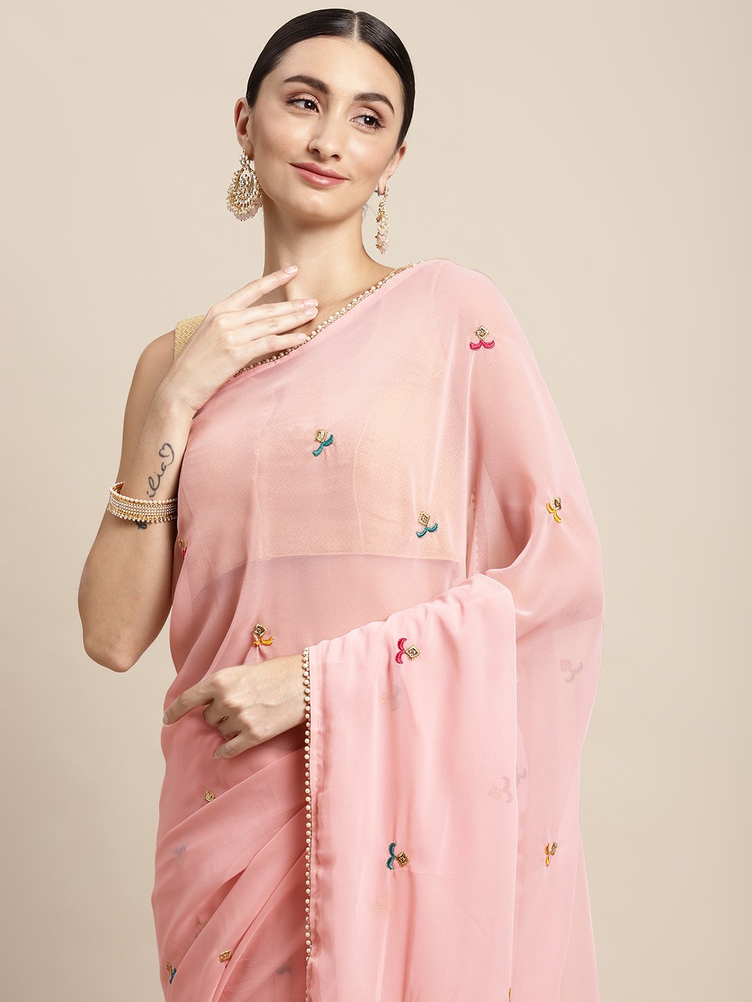 

Mitera Pink & Blue Ethnic Motifs Sequinned Ruffle Saree