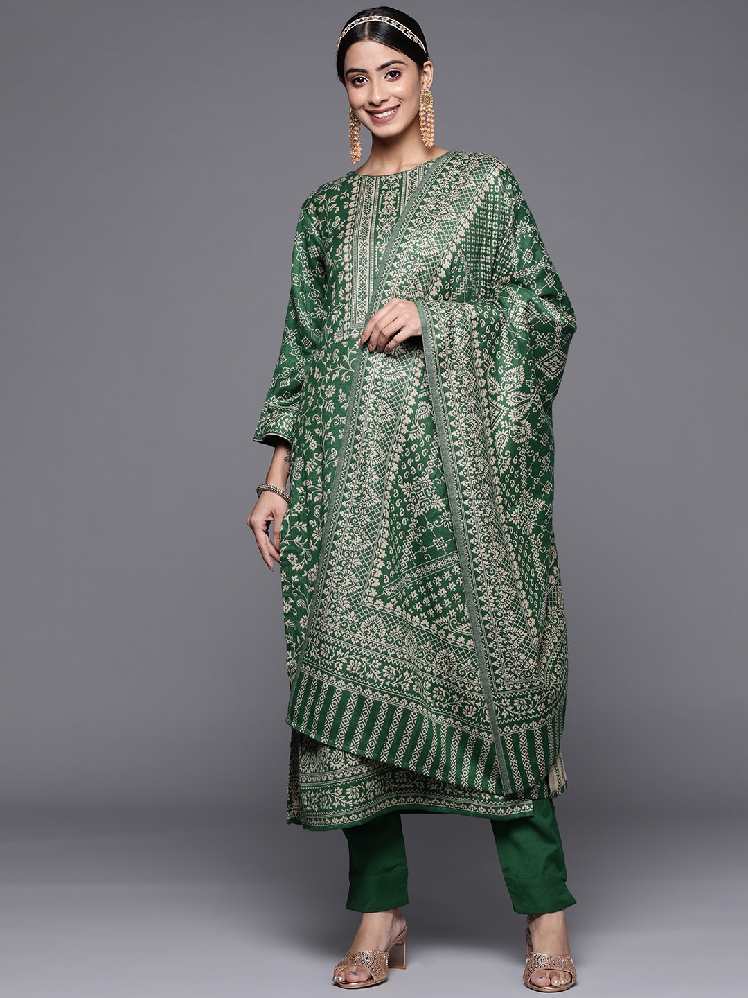 

Inddus Green & Beige Pashmina Floral Woven Design Unstitched Dress Material