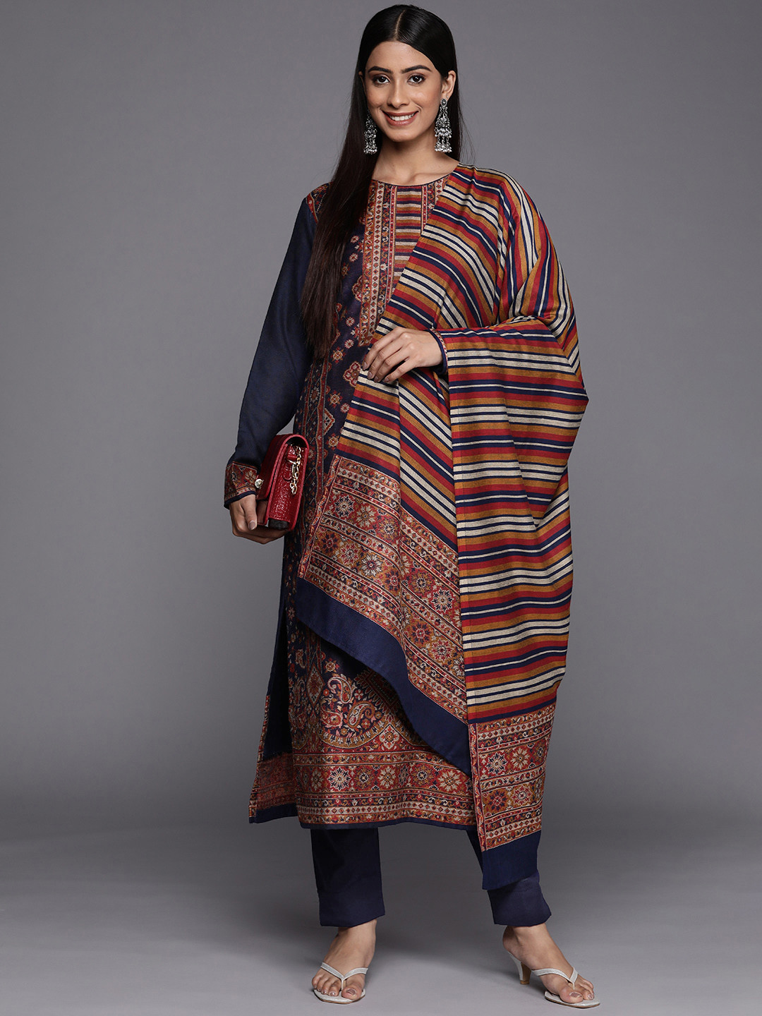 

Inddus Navy Blue & Orange Printed Woven Pashmina Winter Wear Unstitched Dress Material