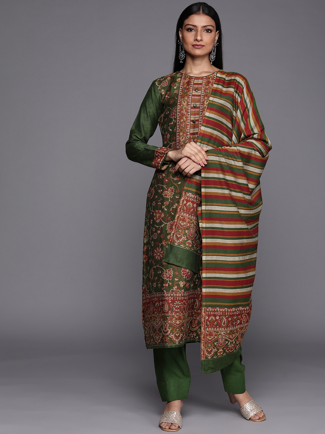 

Inddus Olive Green Printed Woven Pashmina Winter Wear Unstitched Dress Material