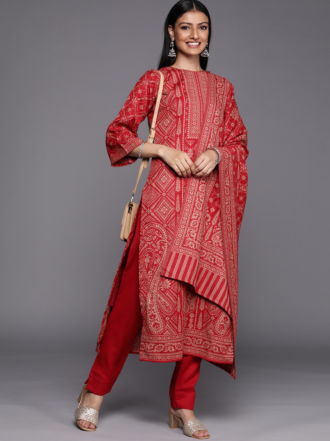 

Inddus Red Woven Design Pashmina Winter Wear Unstitched Dress Material