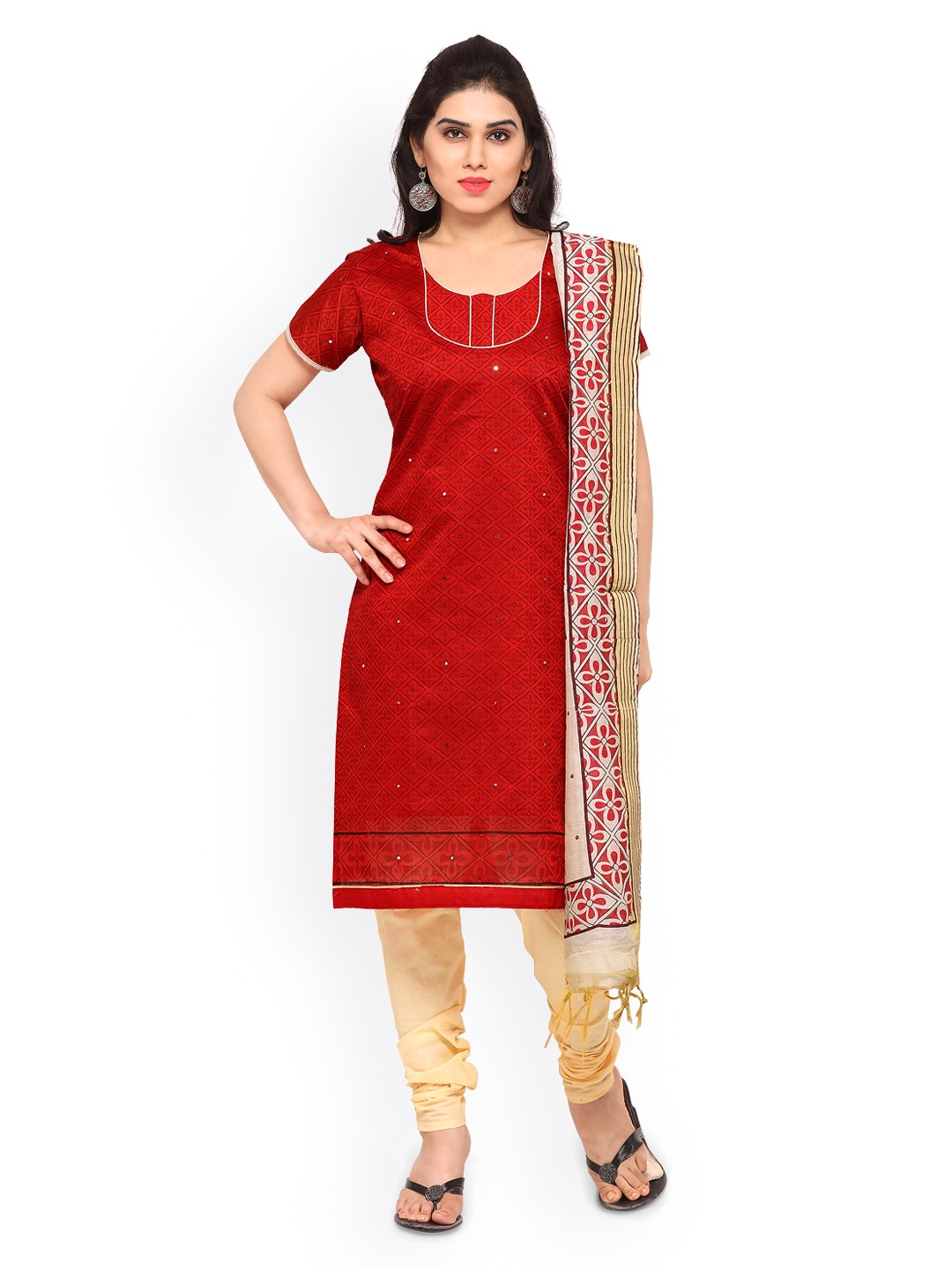 

Saree mall Red & Beige Chanderi Cotton Blend Unstitched Dress Material