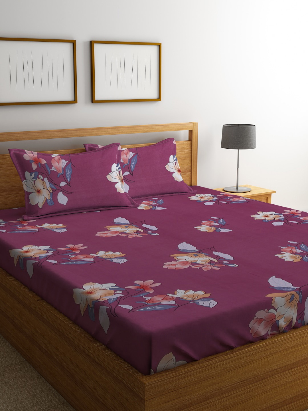 

SOKNACK Purple & Orange Floral 300 TC Queen Bedsheet with 2 Pillow Covers
